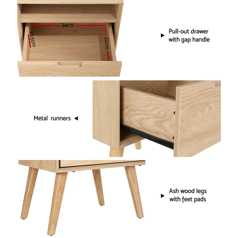 Bedside Table with Drawer and Open Shelf - Pine featuring pull-out drawer, metal runners, and ash wood legs with feet pads