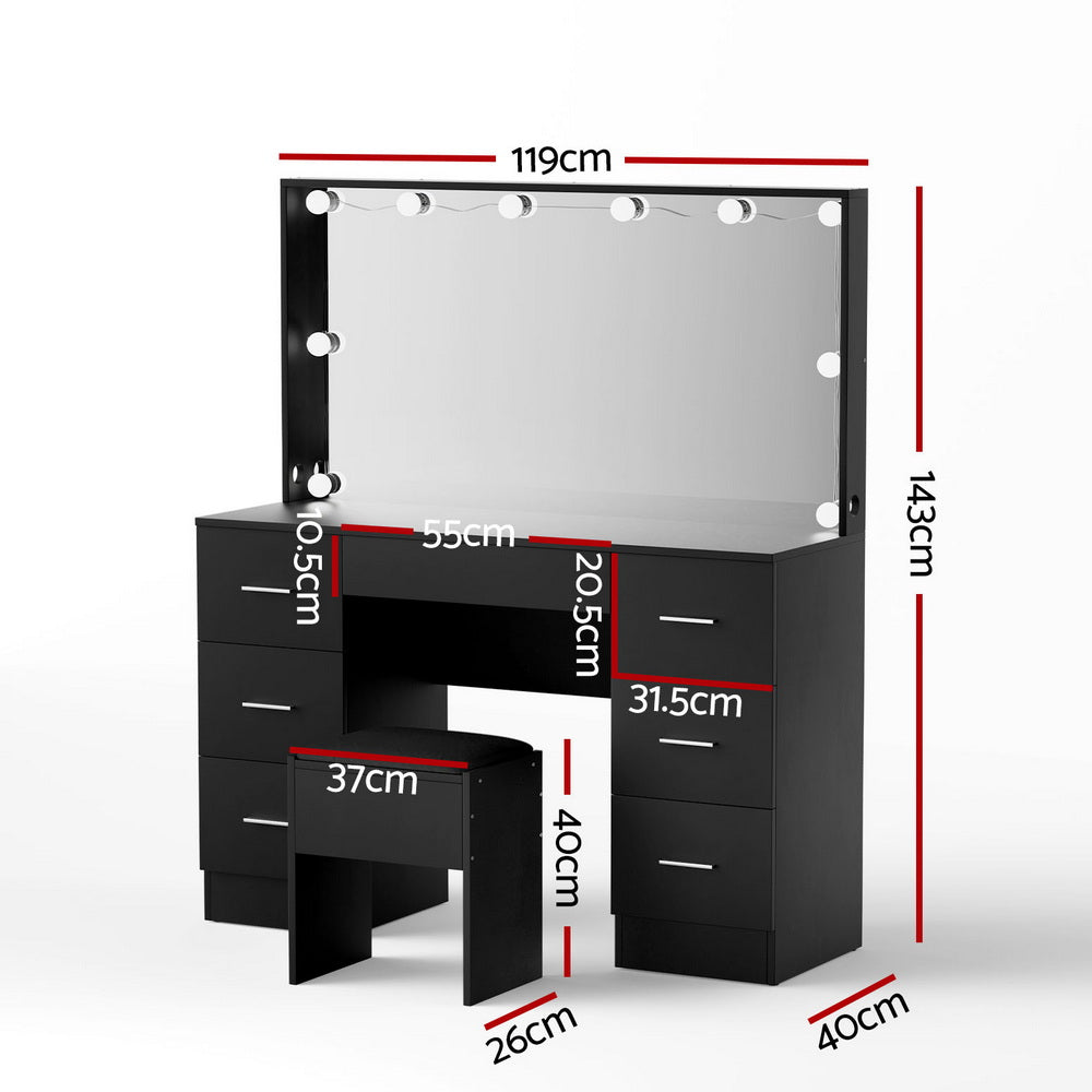 Dressing Table Vanity Desk Set Stool 10 Led Bulbs Black with drawers, Hollywood mirror, and adjustable lighting for bedroom furniture