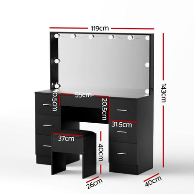 Dressing Table Vanity Desk Set Stool 10 Led Bulbs Black with drawers, Hollywood mirror, and adjustable lighting for bedroom furniture