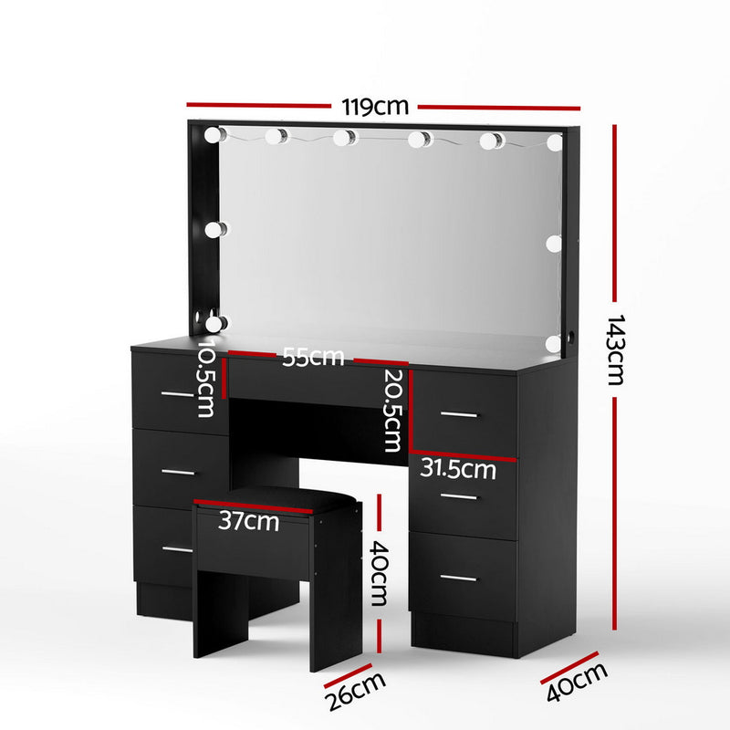 Dressing Table Vanity Desk Set Stool 10 Led Bulbs Black with drawers, Hollywood mirror, and adjustable lighting for bedroom furniture