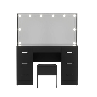 Dressing Table Vanity Desk Set Stool 10 Led Bulbs Black with large mirror, drawers, and cushioned stool on white background