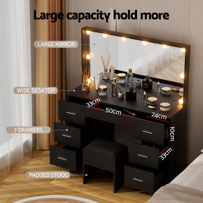 Dressing Table Vanity Desk Set Stool 10 Led Bulbs Black with large mirror, wide desktop, 7 drawers, and padded stool in bedroom setting