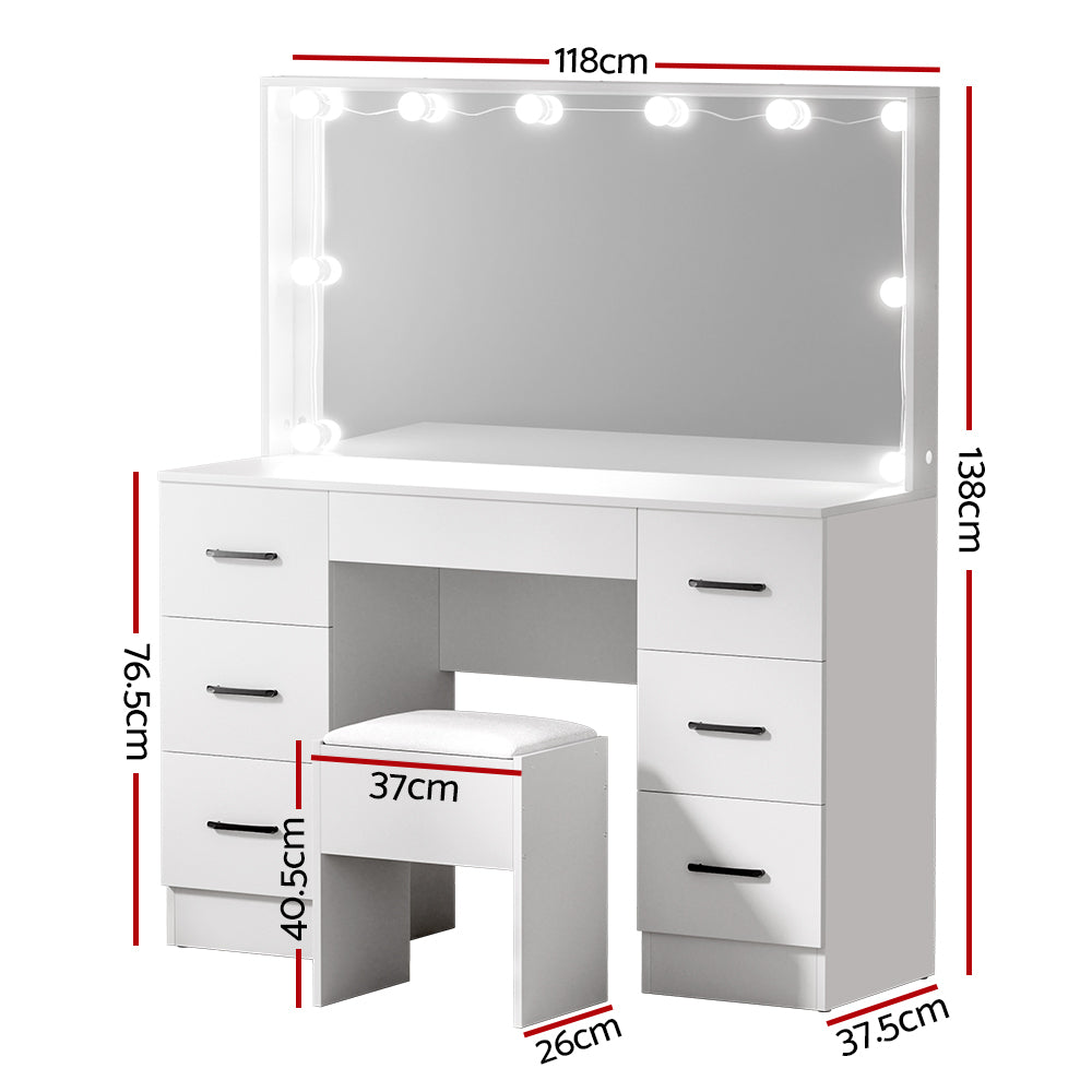 Dressing Table Set Stool 10 Led Bulbs White Debbie with drawers, cushioned stool, and Hollywood-style mirror lighting