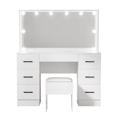 Dressing Table Set Stool 10 Led Bulbs White Debbie with mirror, six drawers, cushioned stool, and illuminated bulbs