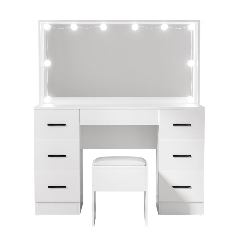 Dressing Table Set Stool 10 Led Bulbs White Debbie with mirror, six drawers, cushioned stool, and illuminated bulbs