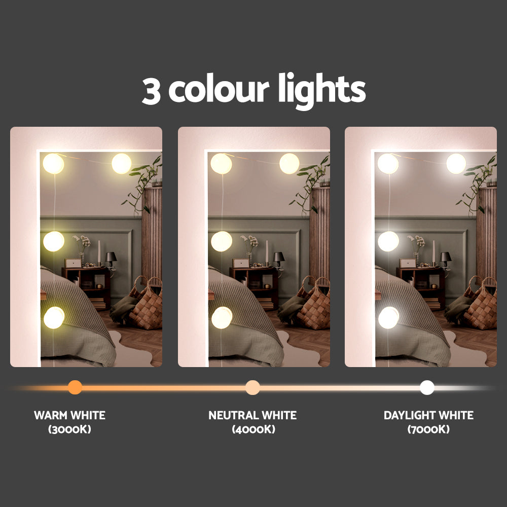 Dressing Table Set Stool 10 Led Bulbs White Debbie showing three color light options: warm, neutral, and daylight white