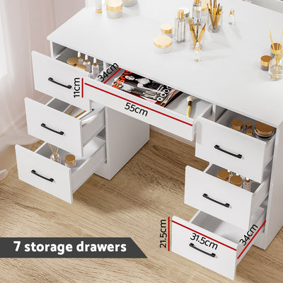 Dressing Table Set Stool 10 Led Bulbs White Debbie with seven storage drawers open showing ample space on wooden floor