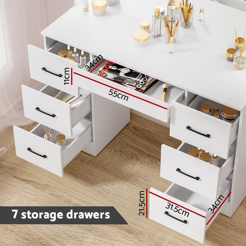 Dressing Table Set Stool 10 Led Bulbs White Debbie with seven storage drawers open showing ample space on wooden floor