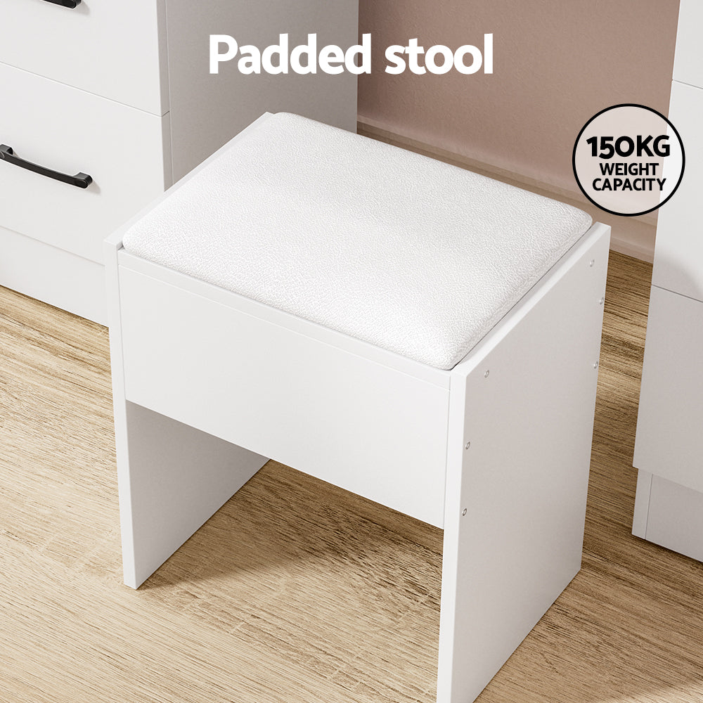 White padded stool for Dressing Table Set Stool 10 Led Bulbs White Debbie with 150kg weight capacity on wood floor