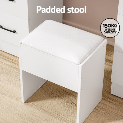White padded stool for Dressing Table Set Stool 10 Led Bulbs White Debbie with 150kg weight capacity on wood floor