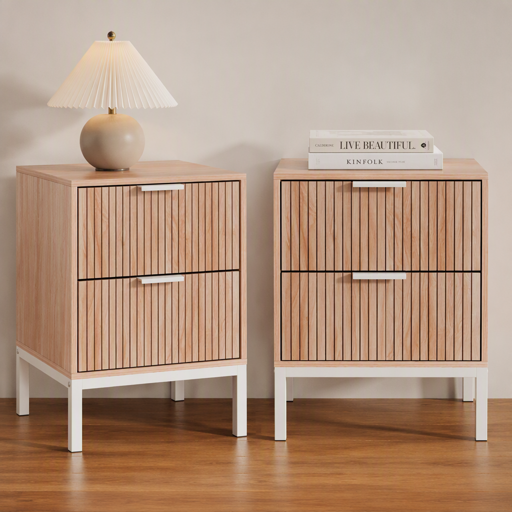 2X Bedside Table 2 Drawers Storage Nightstand Cabinet Metal Legs Pine