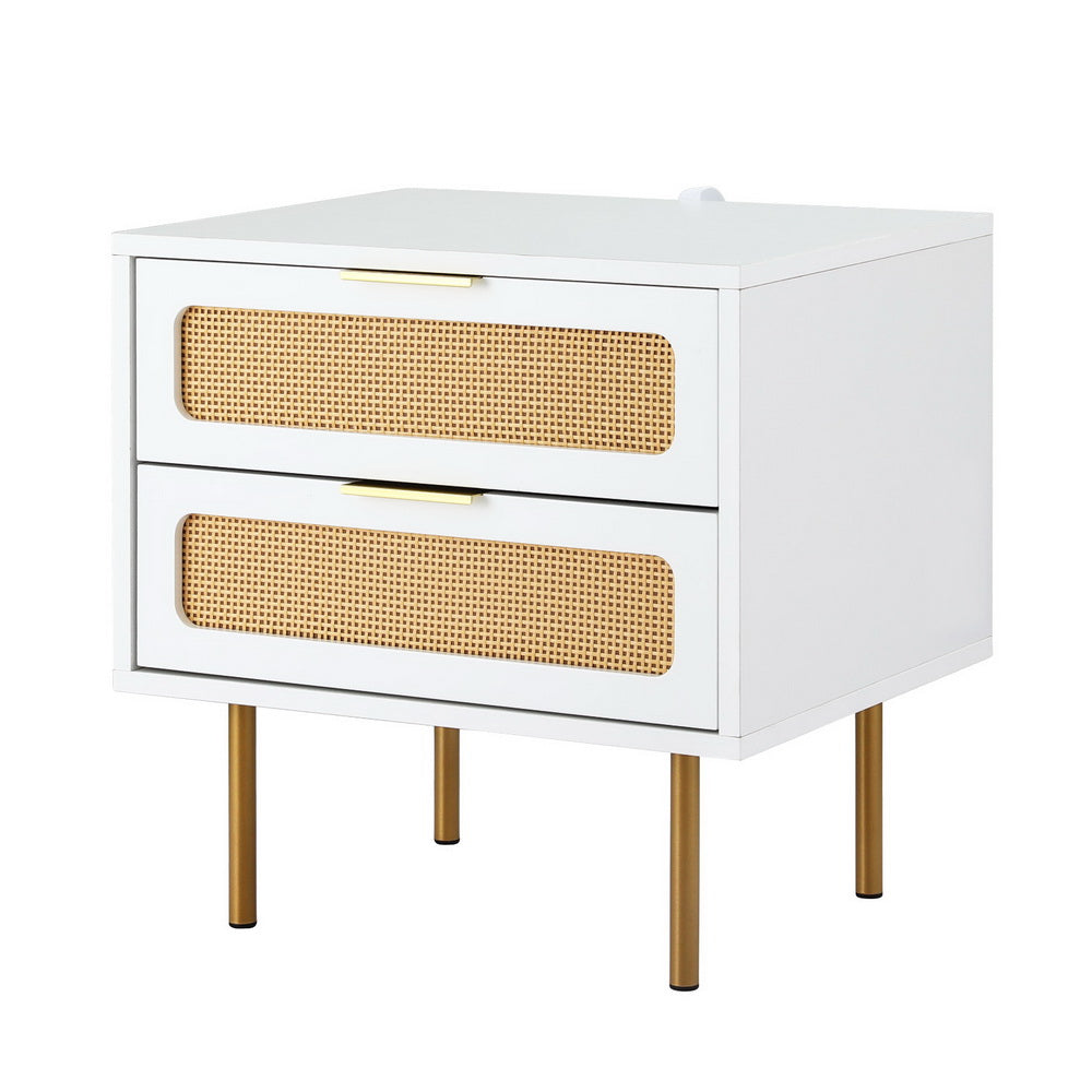 Byron Rattan Bedside Table – White & Pine with two drawers, rattan detailing, and gold metal legs in bedroom furniture style