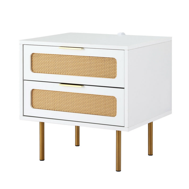 Byron Rattan Bedside Table – White & Pine with two drawers, rattan detailing, and gold metal legs in bedroom furniture style