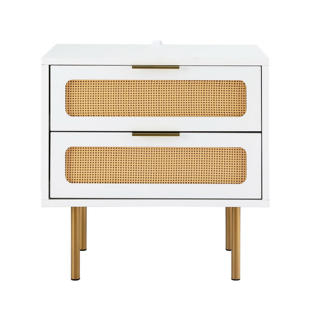 Byron Rattan Bedside Table – White & Pine with two rattan-detailed drawers and gold legs against white background