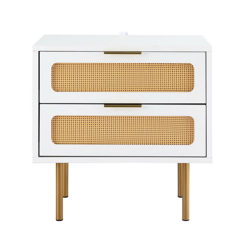 Byron Rattan Bedside Table – White & Pine with two rattan-detailed drawers and gold legs against white background