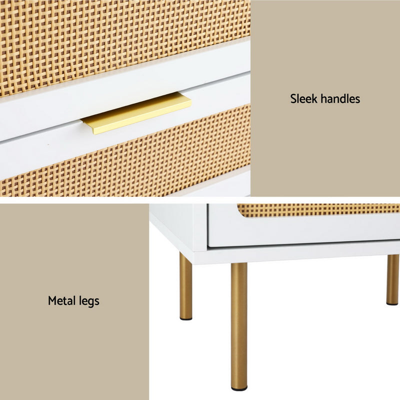 Byron Rattan Bedside Table – White & Pine close-up of rattan drawers with sleek handles and gold metal legs detail