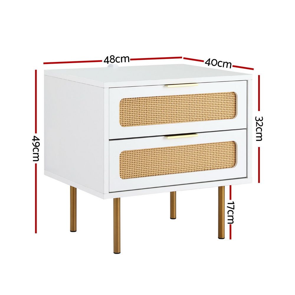 2x Rattan Bedside Table 2 Drawers White