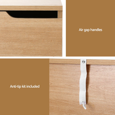 Close-up details of Bedside Table 2 Drawers Nightstand Pine showing air gap handles and included anti-tip safety strap.