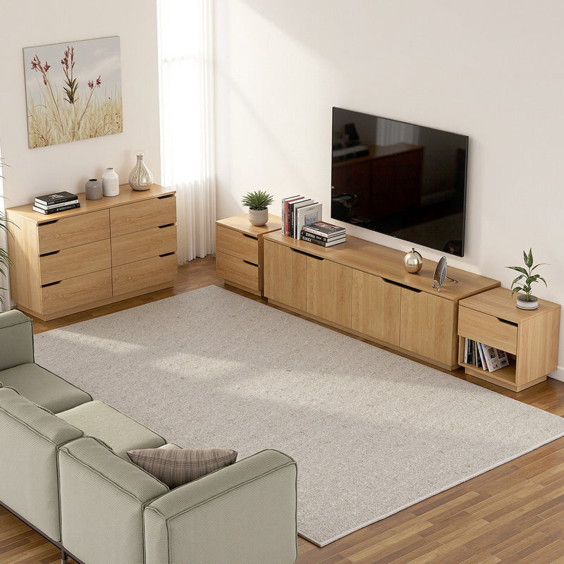 Bedside Table 2 Drawers Nightstand Pine with air gap handles, natural wood finish, styled in modern living room setting