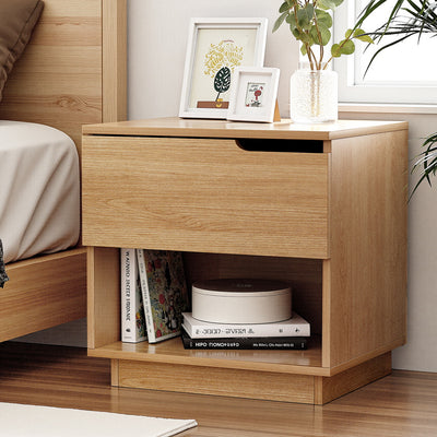 Bedside Table 1 Drawer 1 Shelf Nightstand Pine with open shelf, drawer with air gap handle, and bedroom furniture design.