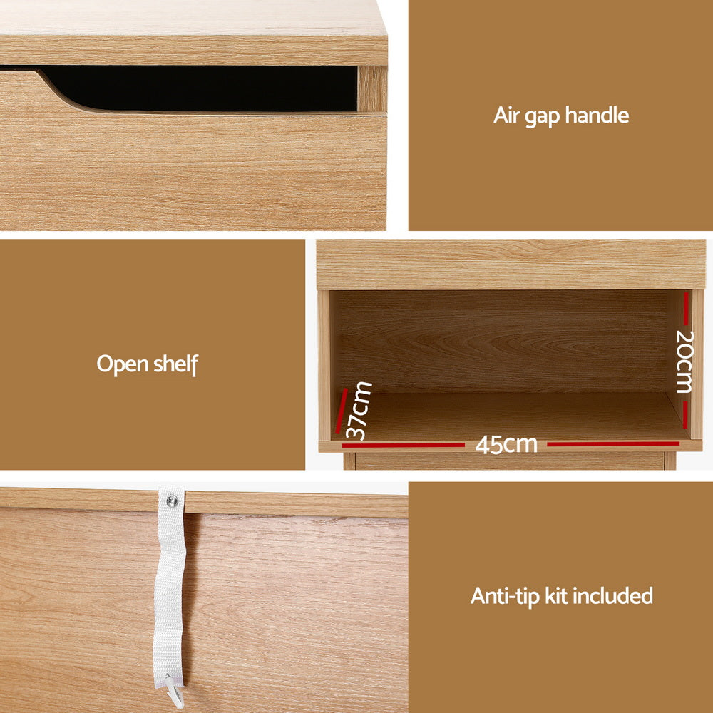 Bedside Table 1 Drawer 1 Shelf Nightstand Pine with air gap handle, open shelf, and included anti-tip kit in natural pine finish