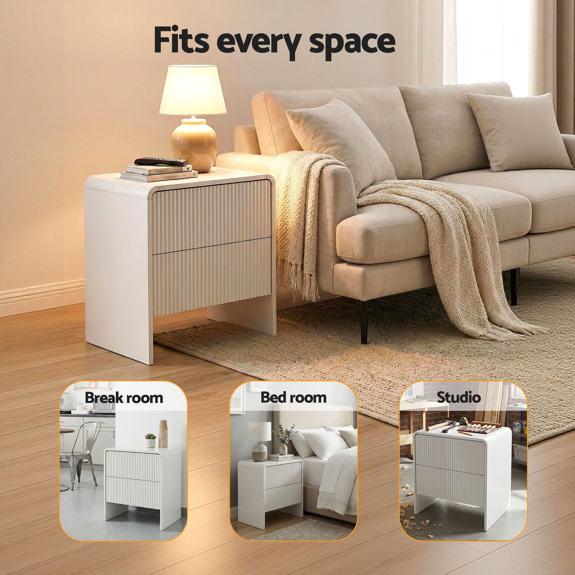 2x Bedside Table 2 Drawers - Beige