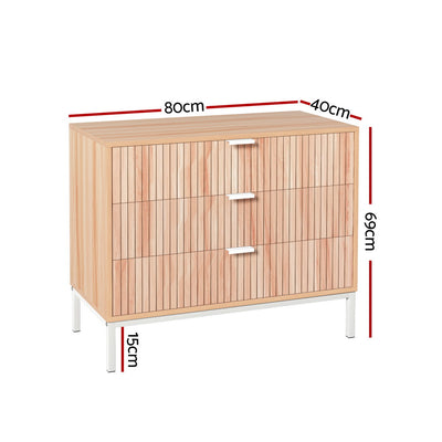 3 Chest of Drawers - LURA Pine with three drawers, pine finish, and white metal legs, modern bedroom furniture