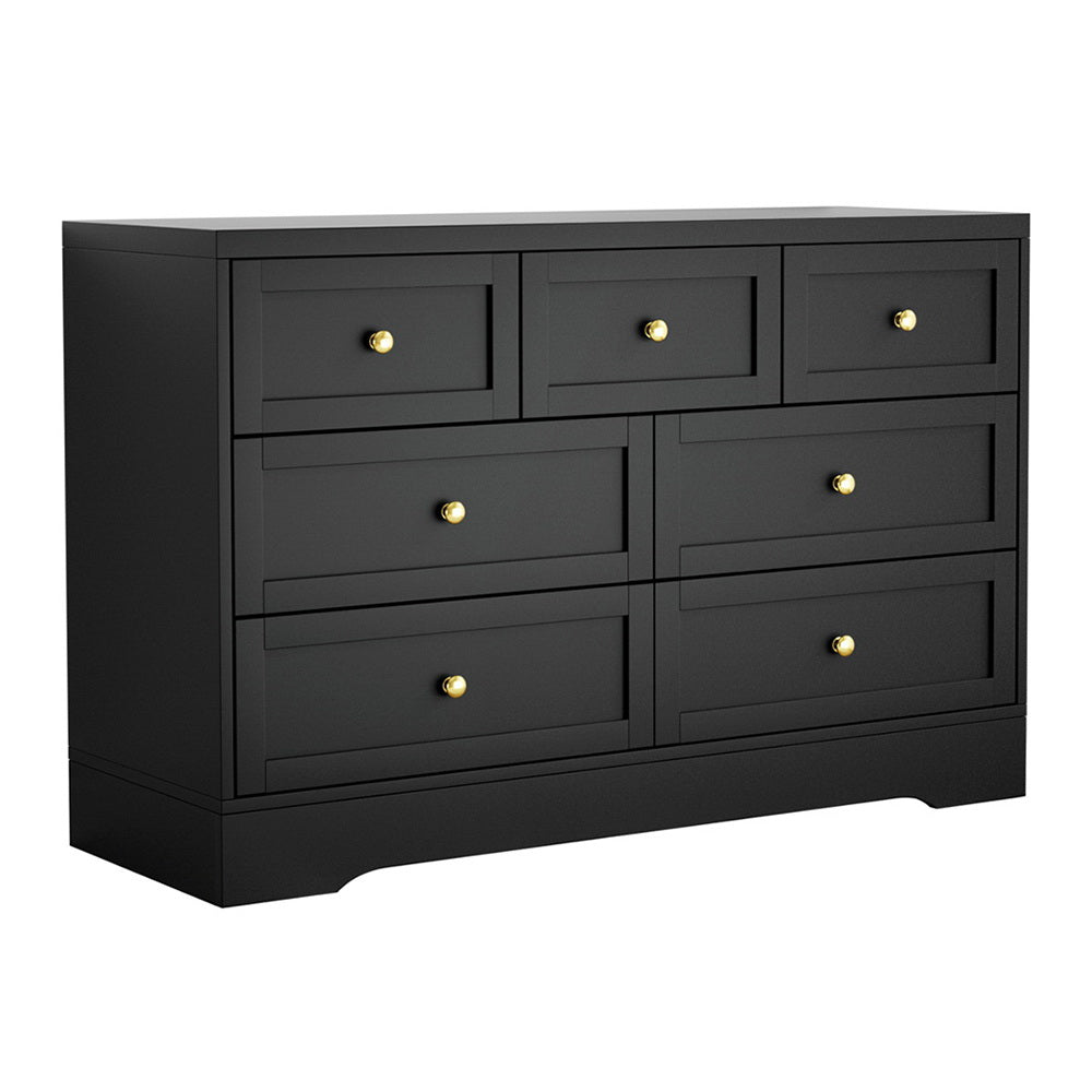 7-Drawer Chest of Drawers with Metal Handles - Black in sleek black finish with gold knobs, modern bedroom storage solution by Bedzy