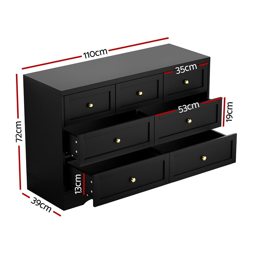 7-Drawer Chest of Drawers with Metal Handles - Black, modern black bedroom furniture with gold knobs and open drawers showing storage capacity