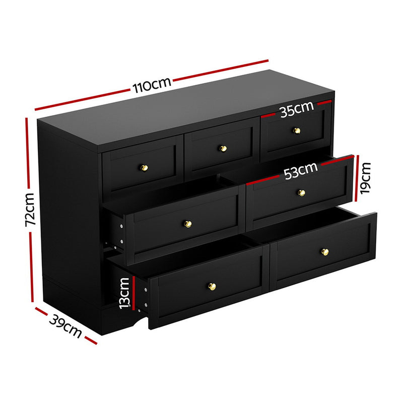 7-Drawer Chest of Drawers with Metal Handles - Black, modern black bedroom furniture with gold knobs and open drawers showing storage capacity