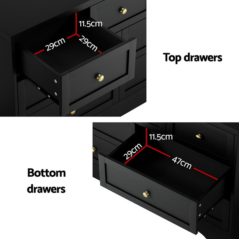 7-Drawer Chest of Drawers with Metal Handles - Black showing dimensions of top and bottom drawers in close-up views