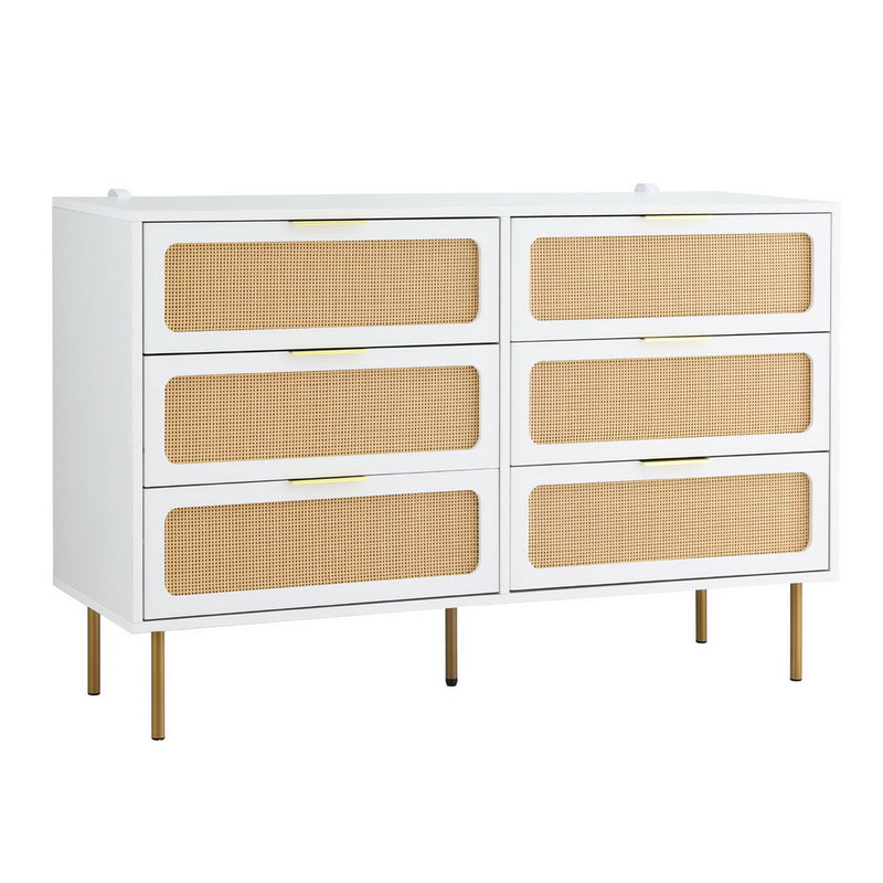Byron 6-Drawer Rattan Tallboy – White & Pine bedroom furniture with rattan drawer fronts and gold metal legs on white background