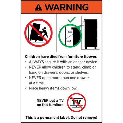 Warning label for Byron 6-Drawer Rattan Tallboy – White & Pine with safety instructions against tipover hazards for bedroom furniture.