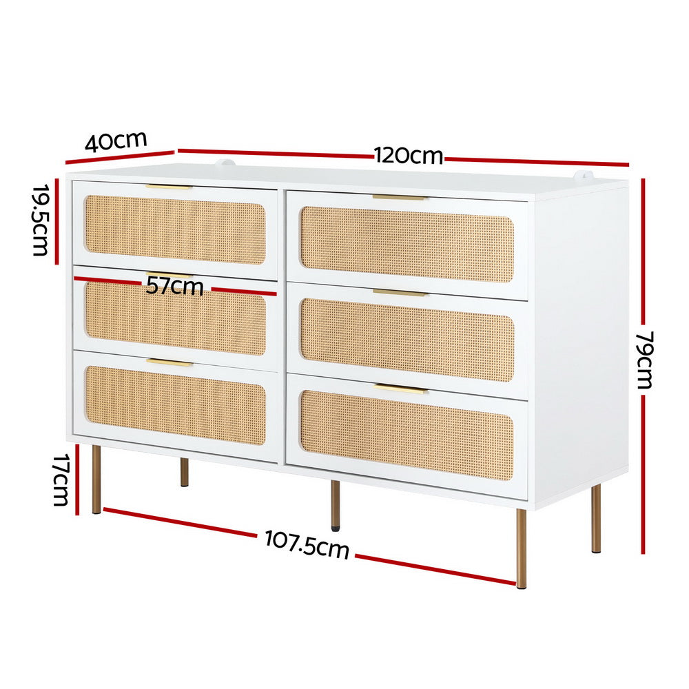 Byron 6-Drawer Rattan Tallboy – White & Pine with six rattan drawers and slim pine legs, bedroom furniture storage solution