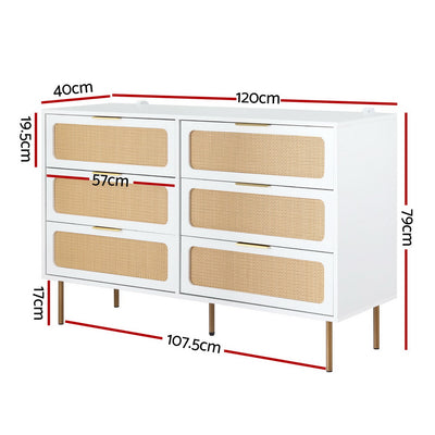 Byron 6-Drawer Rattan Tallboy – White & Pine with six rattan drawers and slim pine legs, bedroom furniture storage solution