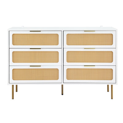 Byron 6-Drawer Rattan Tallboy – White & Pine bedroom furniture with six rattan front drawers and slim gold legs on white frame