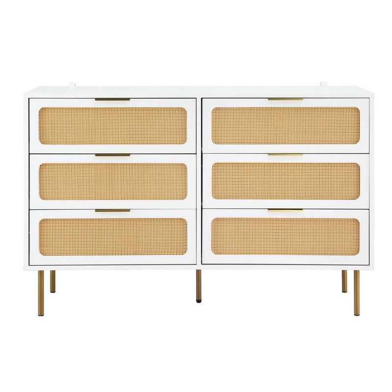 Byron 6-Drawer Rattan Tallboy – White & Pine bedroom furniture with six rattan front drawers and slim gold legs on white frame