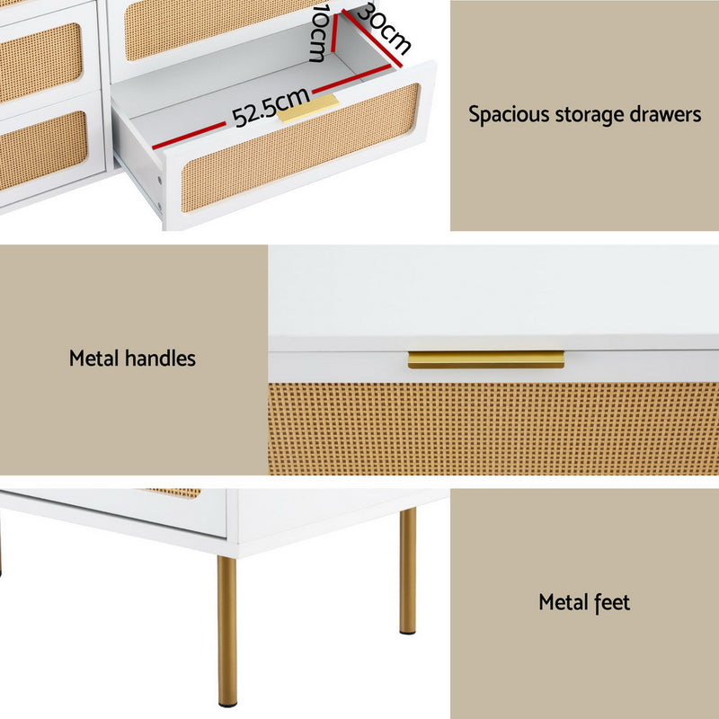 Byron 6-Drawer Rattan Tallboy – White & Pine with spacious drawers, metal handles, and metal legs for stylish bedroom furniture storage