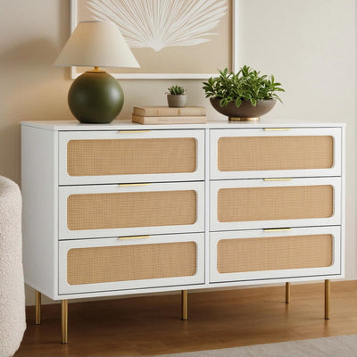 Byron 6-Drawer Rattan Tallboy – White & Pine with gold handles and legs, styled with lamp and plants on top