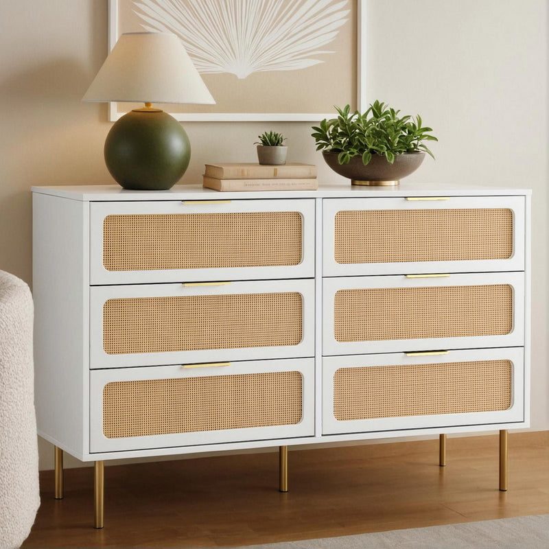 Byron 6-Drawer Rattan Tallboy – White & Pine with gold handles and legs, styled with lamp and plants on top