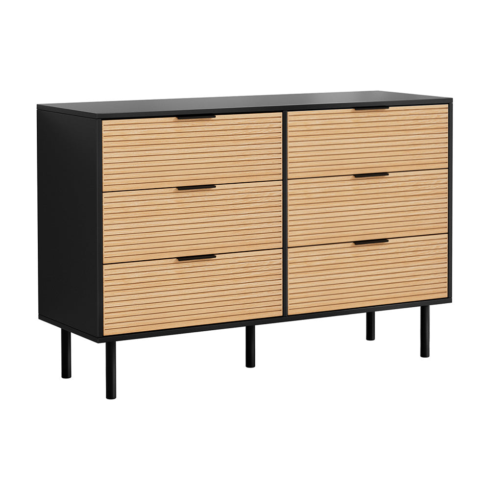 6 Chest of Drawers Dresser Table Black&Pine with fluted drawers, black handles, and metal legs for bedroom furniture.