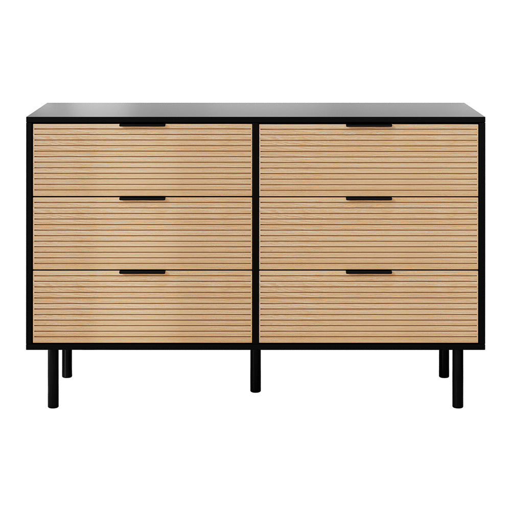 6 Chest of Drawers Dresser Table Black&Pine with six fluted drawers, metal handles, and slender black metal legs on white background
