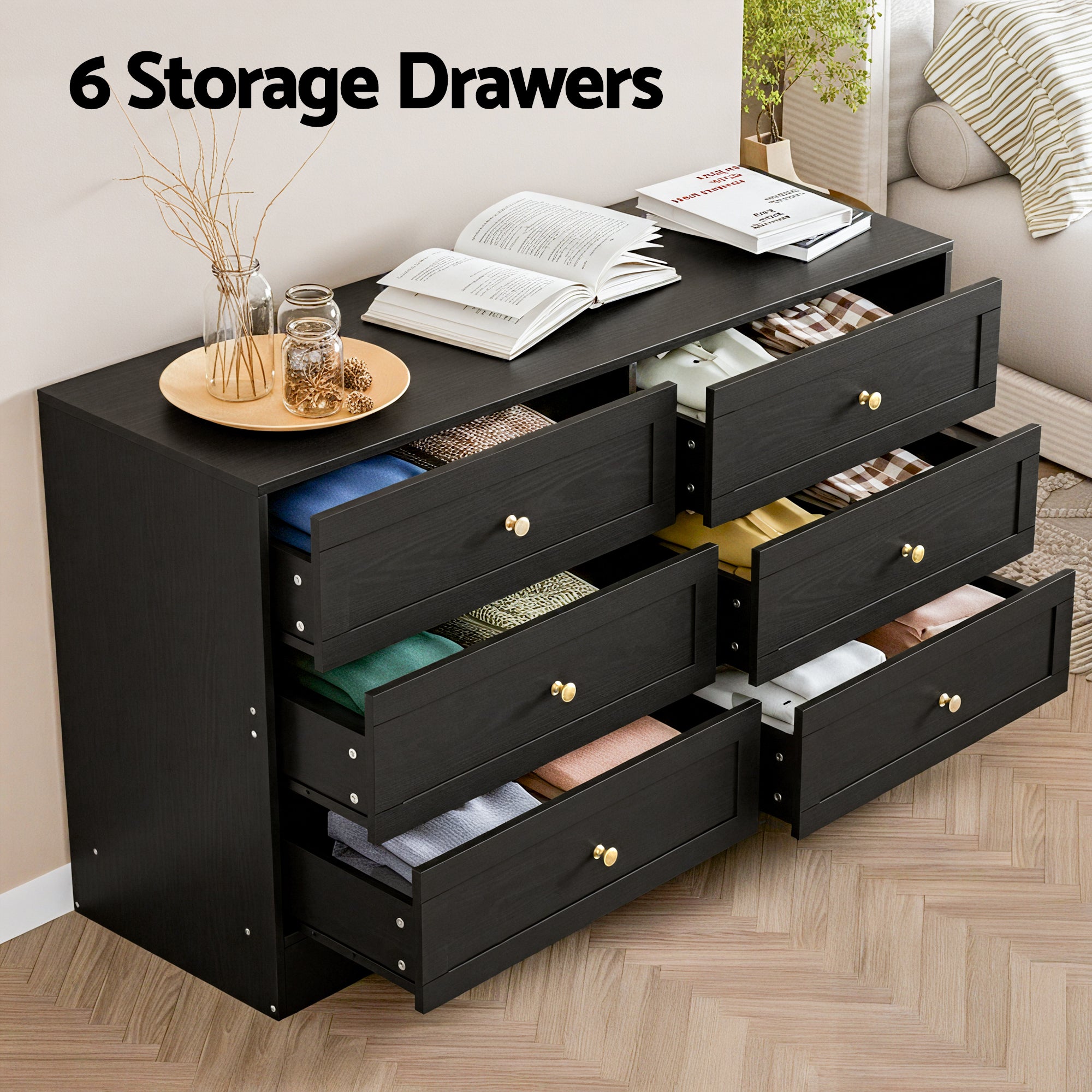 6 Drawer Tallboy Chest of Drawers Cabinet - Black
