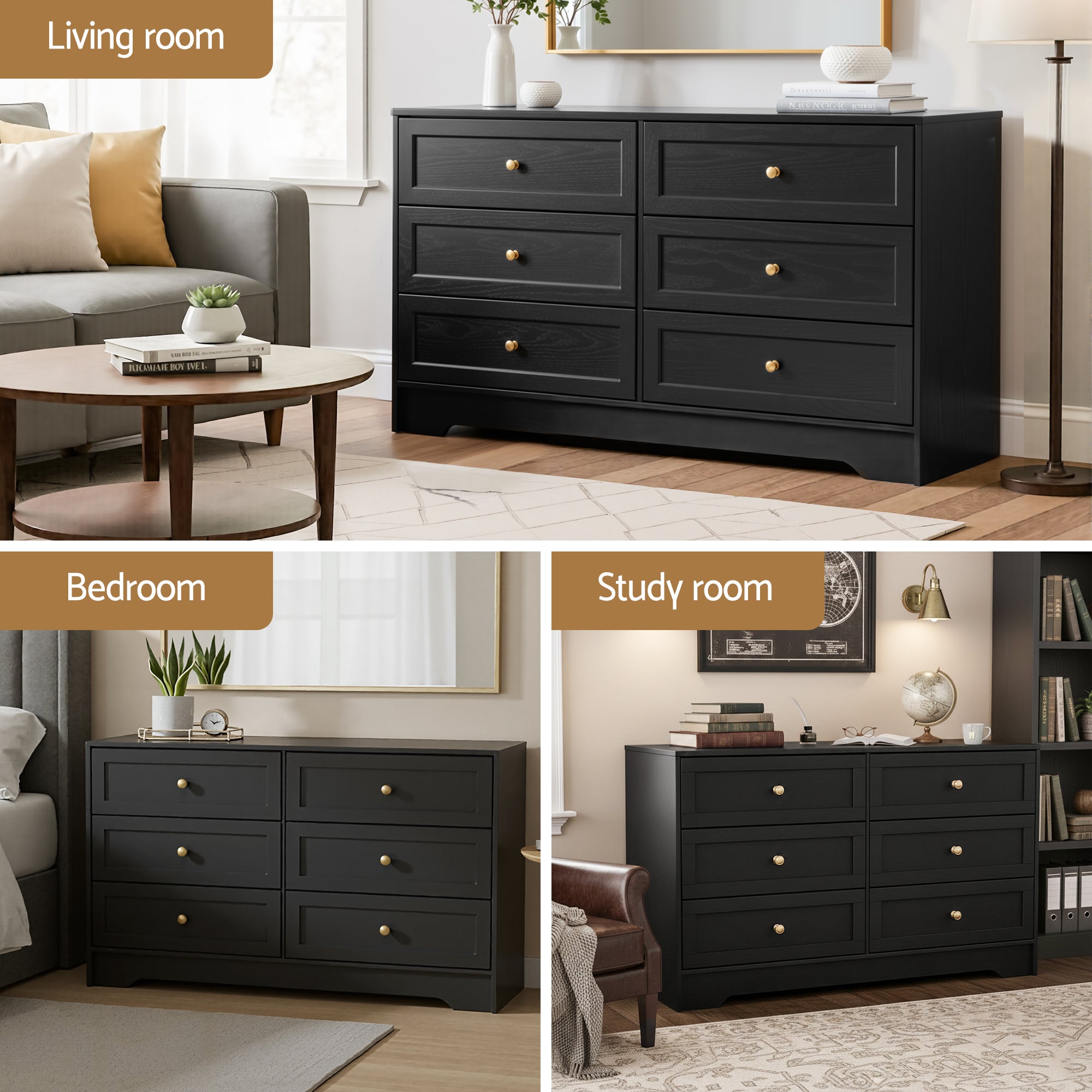 6 Drawer Tallboy Chest of Drawers Cabinet - Black