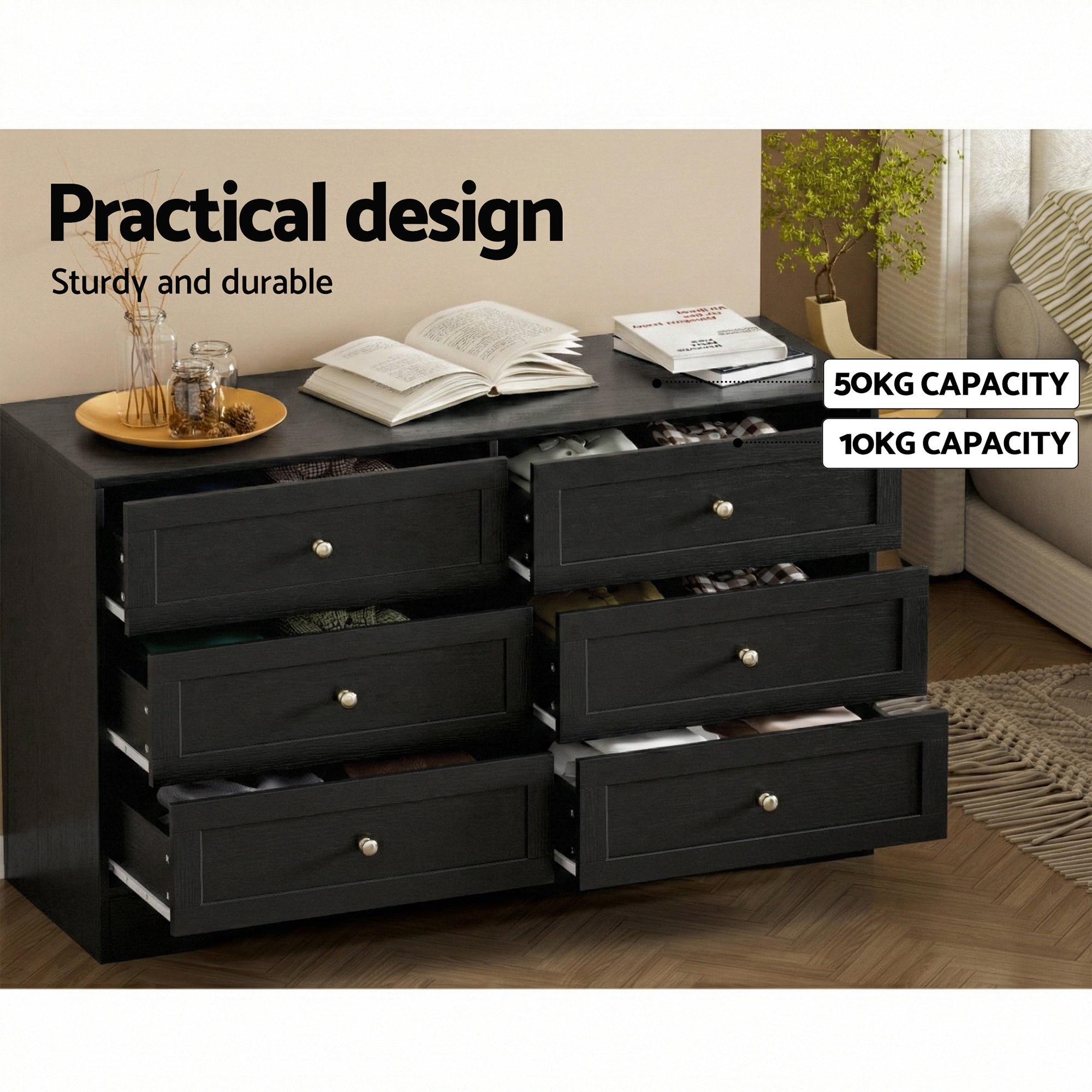 6 Drawer Tallboy Chest of Drawers Cabinet - Black