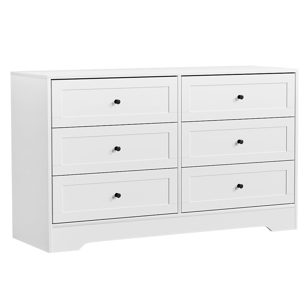 6 Drawer Classic Style Lowboy - White with six black knob drawers, sleek design, and smooth white finish for bedroom furniture.