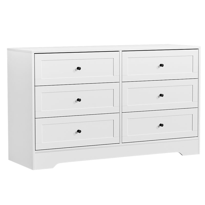 6 Drawer Classic Style Lowboy - White with six black knob drawers, sleek design, and smooth white finish for bedroom furniture.