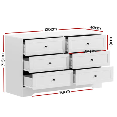 6 Drawer Classic Style Lowboy - White with black knobs, spacious drawers, and sleek design for bedroom furniture by Bedzy