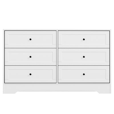 6 Drawer Classic Style Lowboy - White with black knobs, spacious drawers, and classic bedroom furniture design by Bedzy.