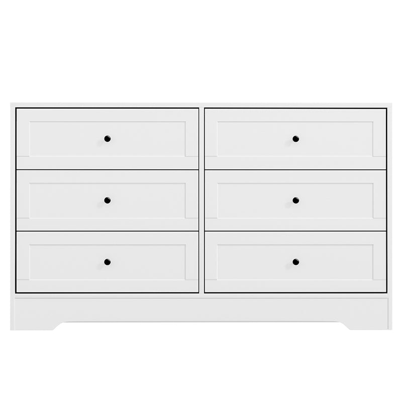 6 Drawer Classic Style Lowboy - White with black knobs, spacious drawers, and classic bedroom furniture design by Bedzy.
